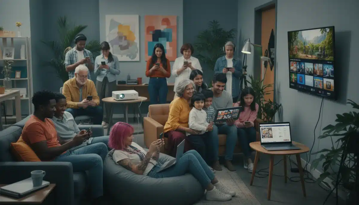 Diverse audience watching streaming content on multiple devices