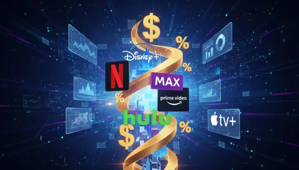 Illustration of streaming service logos bundled together offering savings, representing subscription bundle strategies.