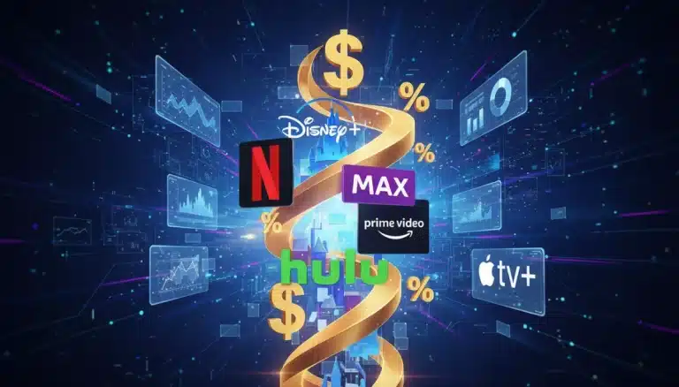 Illustration of streaming service logos bundled together offering savings, representing subscription bundle strategies.
