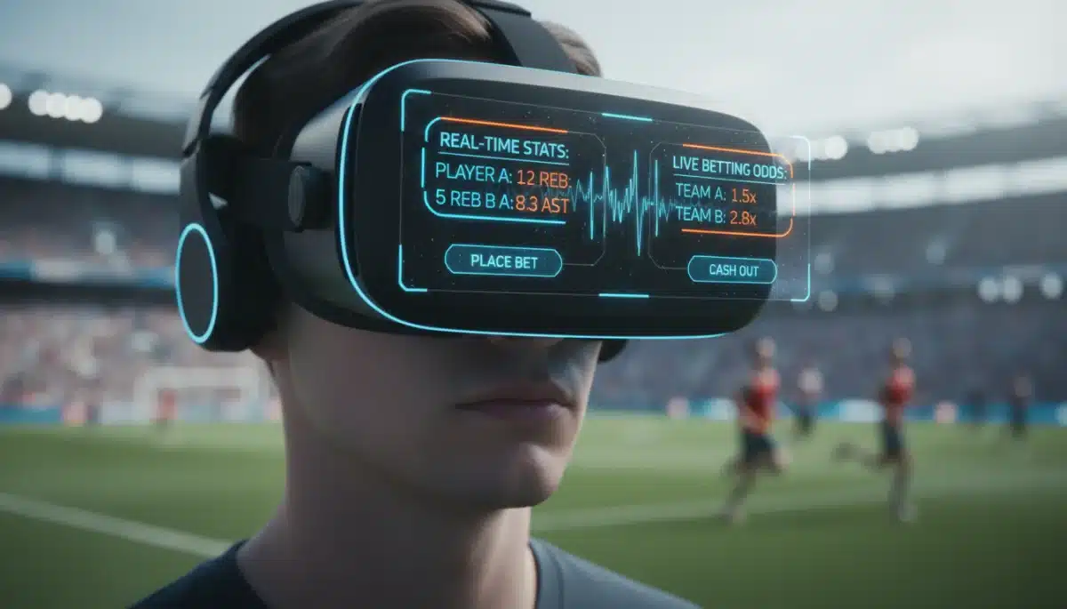 Person in VR headset watching live sports with interactive stats.