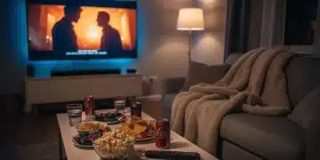 Cozy living room with TV screen showing a series for a binge-watch marathon