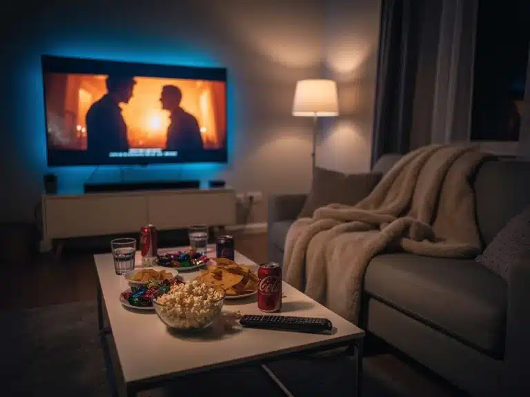 Cozy living room with TV screen showing a series for a binge-watch marathon