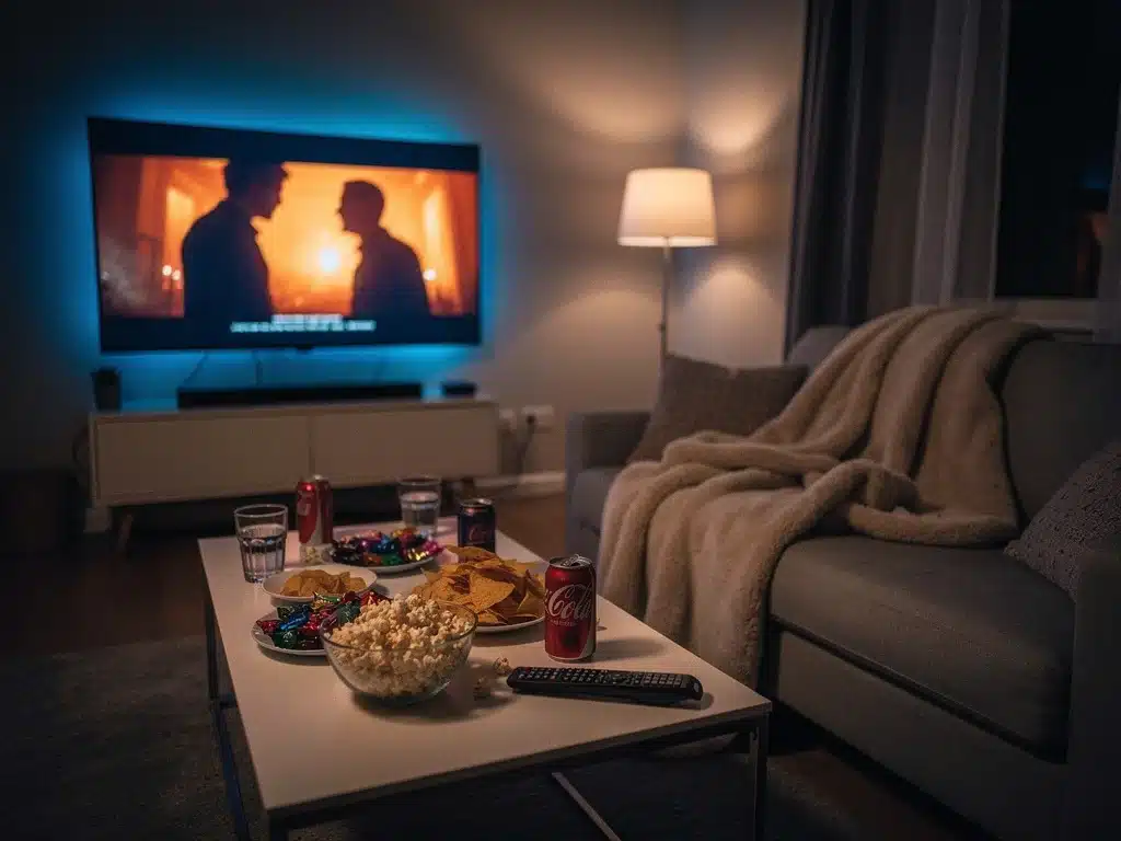 Cozy living room with TV screen showing a series for a binge-watch marathon