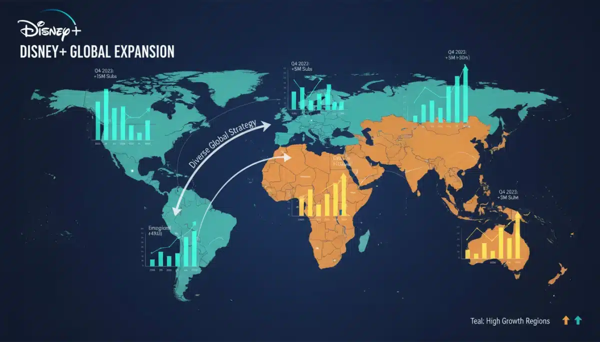 Global map highlighting key regions for Disney+ subscriber growth, with data overlays.