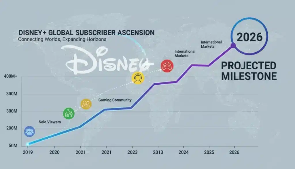 Projected Disney+ subscriber growth chart for 2026, showing an upward trend and two distinct market segments.
