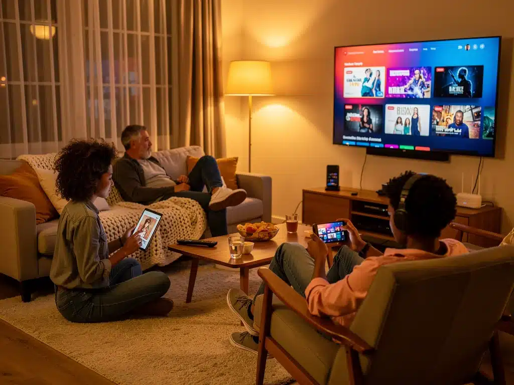 People enjoying diverse streaming content on multiple devices.