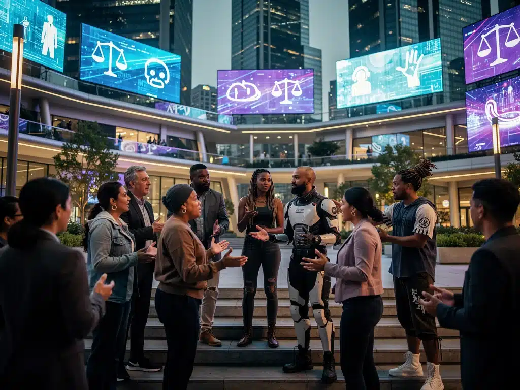 Characters debating social issues in a futuristic setting, reflecting 2026 series themes