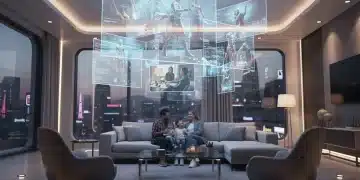 Family watching futuristic television with innovative storytelling