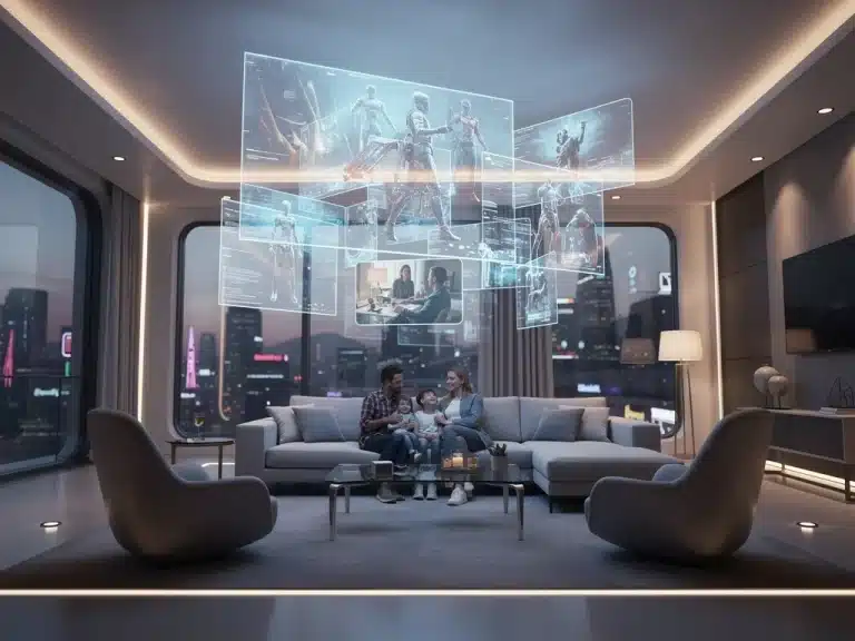 Family watching futuristic television with innovative storytelling