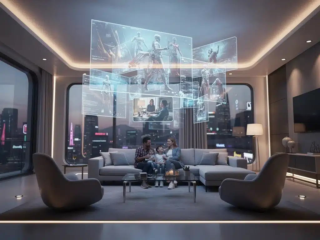 Family watching futuristic television with innovative storytelling