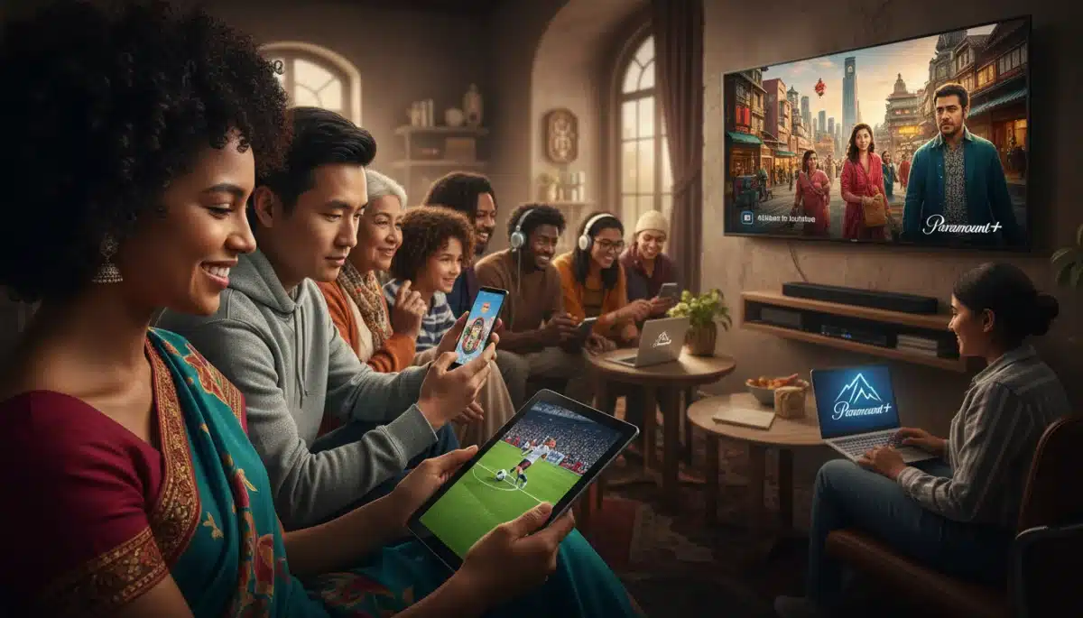 Diverse audience consuming localized Paramount+ content on multiple devices.