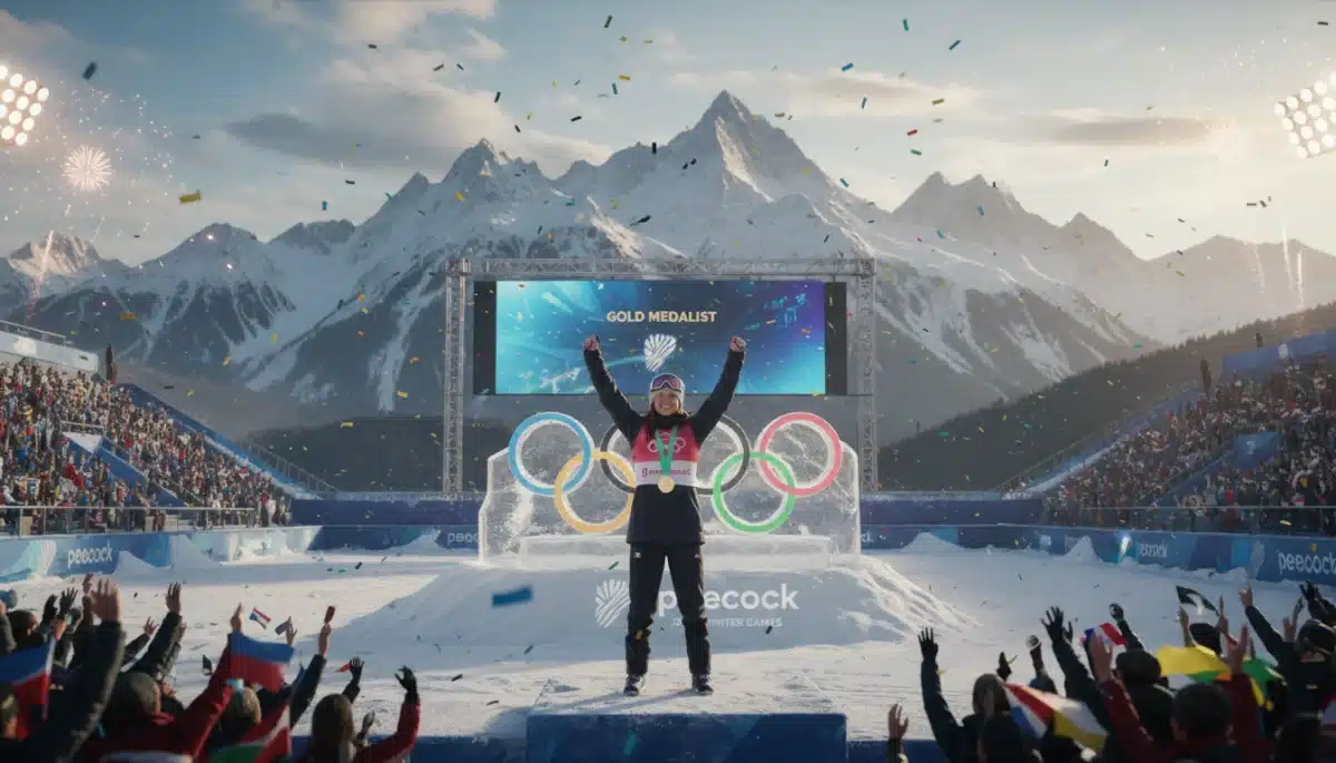 Winter Olympics athlete celebrating, highlighting Peacock's 2026 coverage.