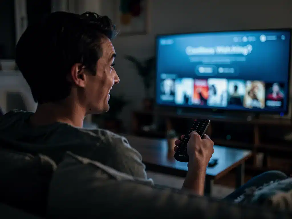 Person holding remote control, contemplating next episode for binge-watching