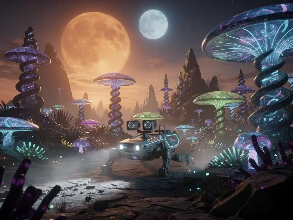 Exotic alien landscape with bioluminescent plants and advanced reconnaissance vehicle, showcasing sci-fi world-building