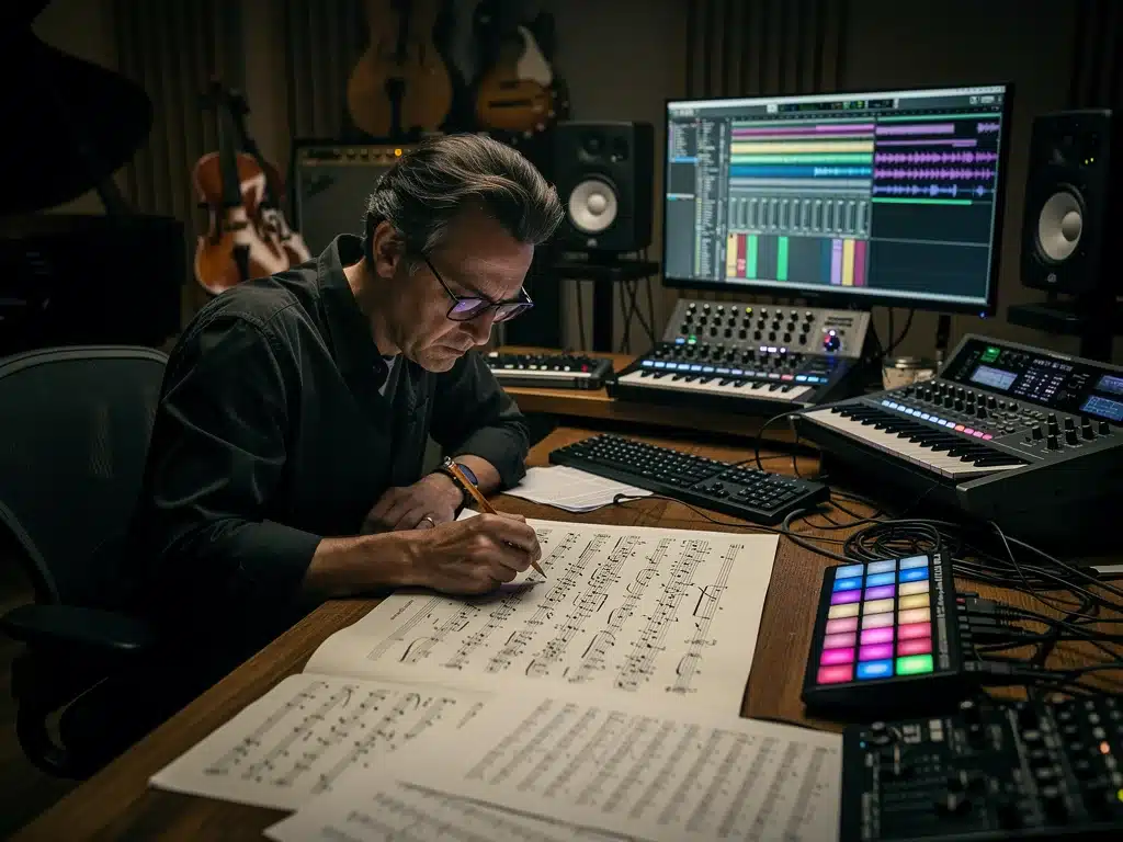 Composer creating a musical score for a television series.