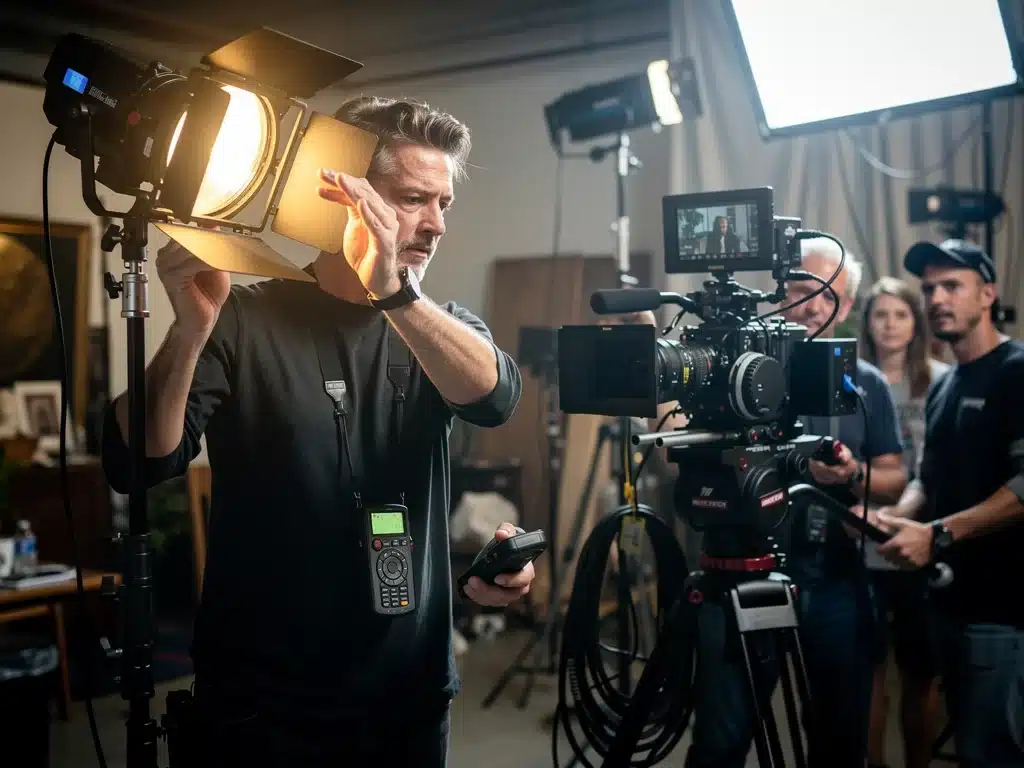 Director of photography adjusting lighting on set