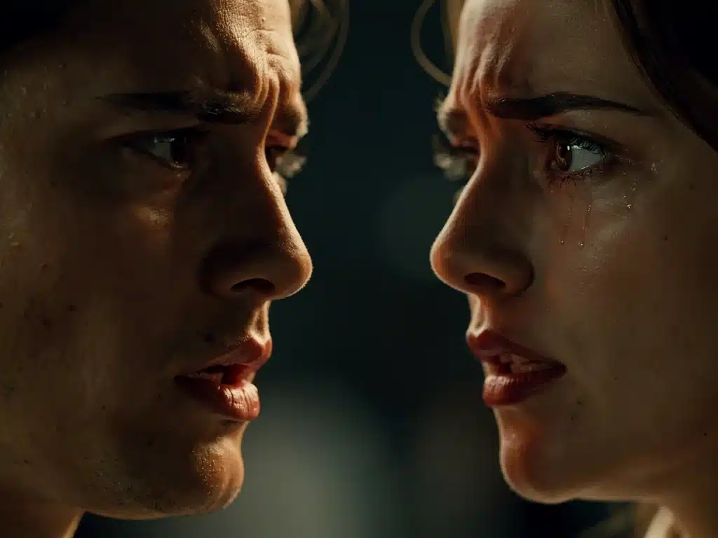 Two actors in a dramatic scene, delivering impactful dialogue.