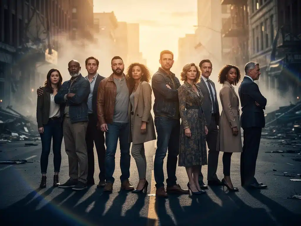Ensemble cast in a pivotal scene, reflecting their collective and individual growth through the series.
