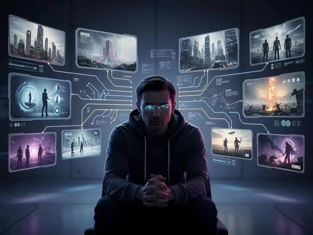 Character analyzing holographic projections of future season scenarios.