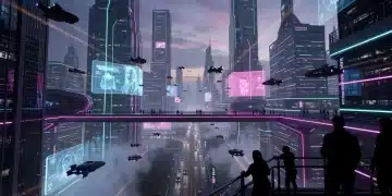 Futuristic cityscape with glowing neon lights and flying vehicles, symbolizing advanced sci-fi series