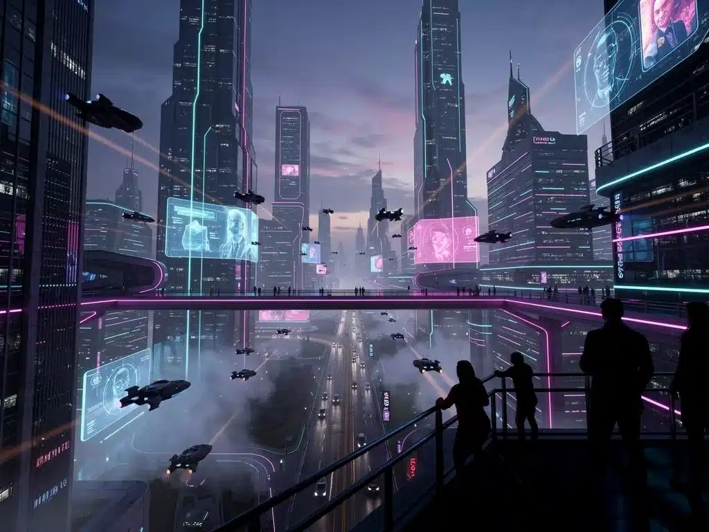 Futuristic cityscape with glowing neon lights and flying vehicles, symbolizing advanced sci-fi series