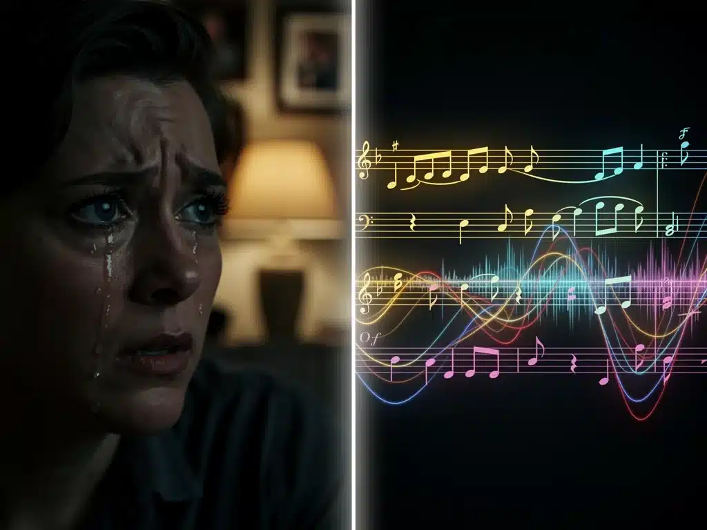Split-screen showing emotional TV scene and its corresponding orchestral score.
