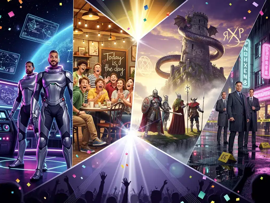 Four niche series characters celebrating their unexpected mainstream popularity