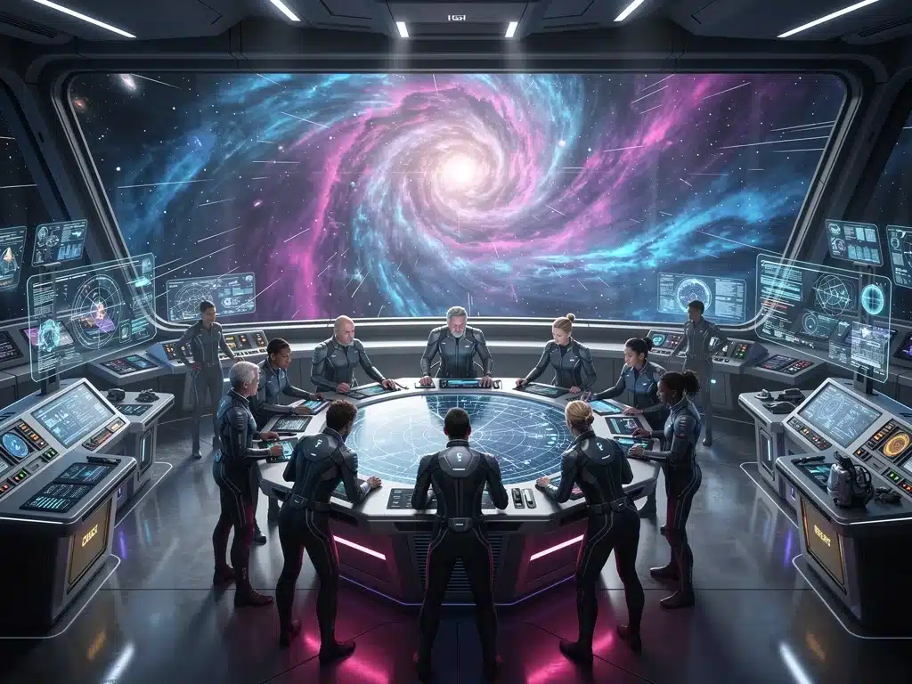 Diverse crew on advanced spacecraft bridge observing nebula, indicating complex sci-fi plot