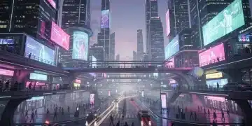 Futuristic cityscape with neon lights, representing innovative series production design.