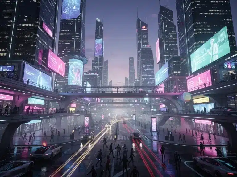 Futuristic cityscape with neon lights, representing innovative series production design.
