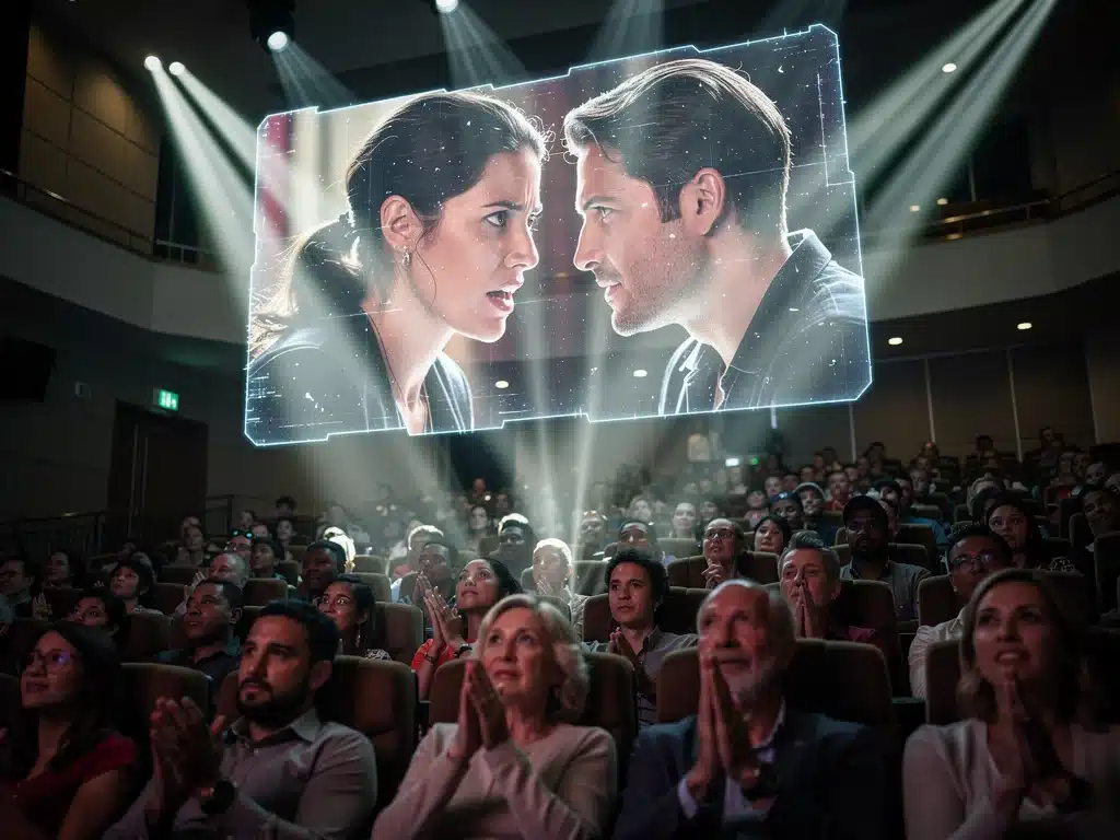 Audience engaged with immersive holographic television storytelling experience