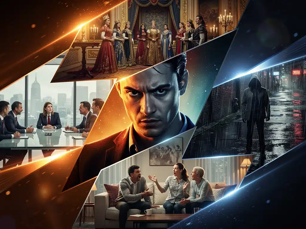 Dramatic scenes from leading streaming service shows, symbolizing intense competition.